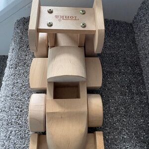 Wooden Tonka race car, wheels move, natural wood.